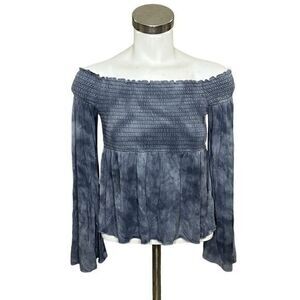 American Eagle Blue Tie Dye Off Shoulder Ribbed Long Sleeve Blouse Size Small